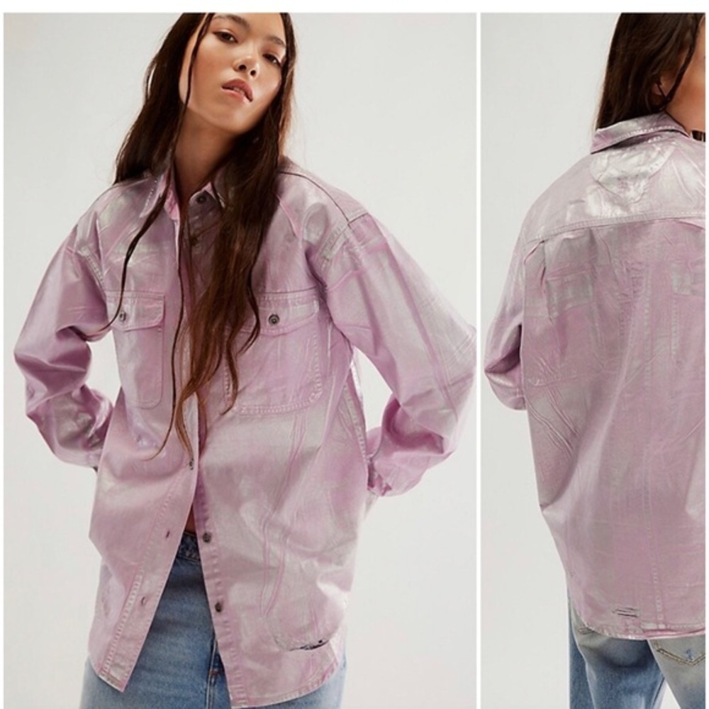 One Teaspoon Free People Blue Future pink metallic Everyday button down shirt